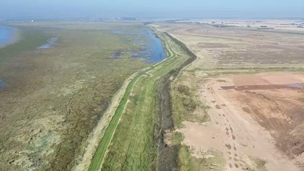 Sea defences and mudflats under construction between Outstrays and Skeffling on the north bank of the Humber