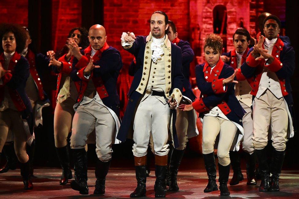 Actor Lin-Manuel Miranda and the cast of 'Hamilton' perform onstage during the 70th Annual Tony Awards