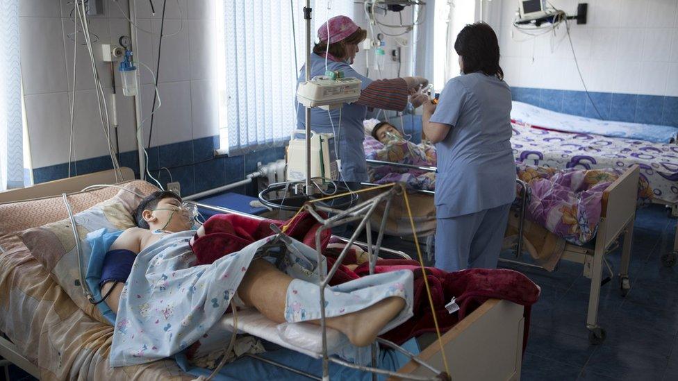 Youths who were wounded in a recent shelling during clashes between Armenian and Azeri forces in Nagorno-Karabakh region receive treatment in Stepanakert. 2/4/16