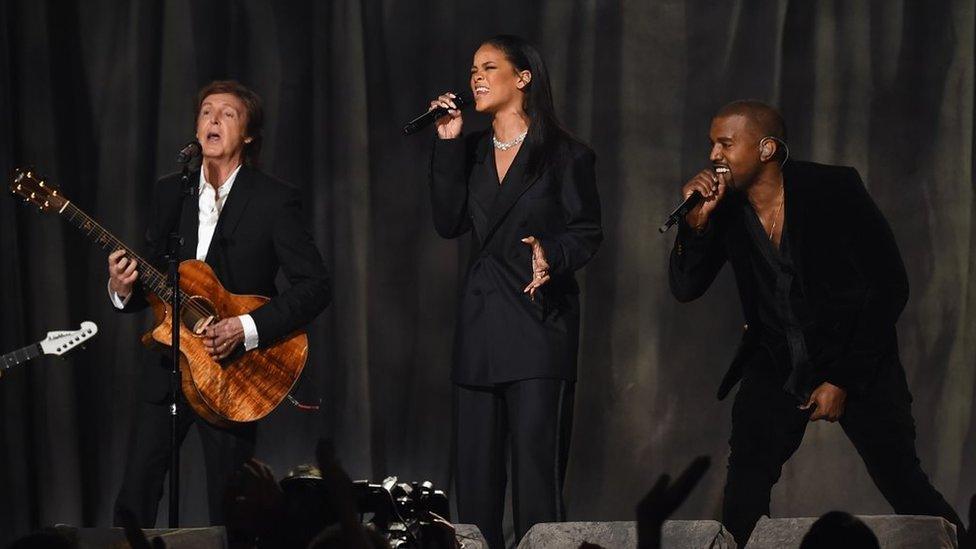 Sir Paul McCartney performs with Rihanna and Kanye West at the 2015 Grammys