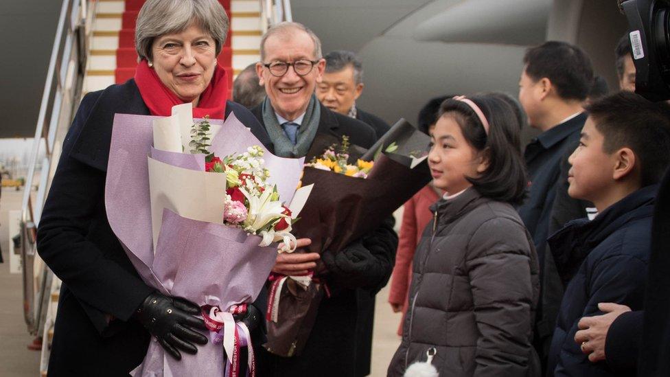 Theresa May arriving at Wuhan airport on 31 January 2018