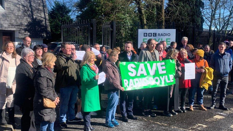 Protestors gathered outside the station