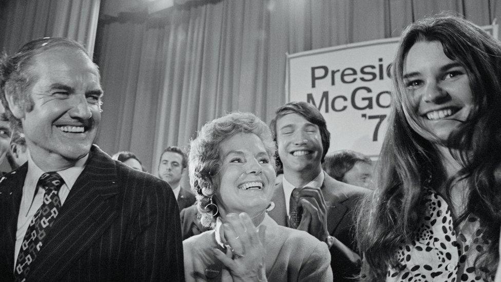 Presidential candidate Senator George McGovern (left), his wife, Eleanor (center), and Kathleen Kennedy (right) pictured in April 1972