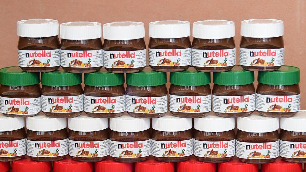 Small pots of Nutella on display in Alba, northern Italy