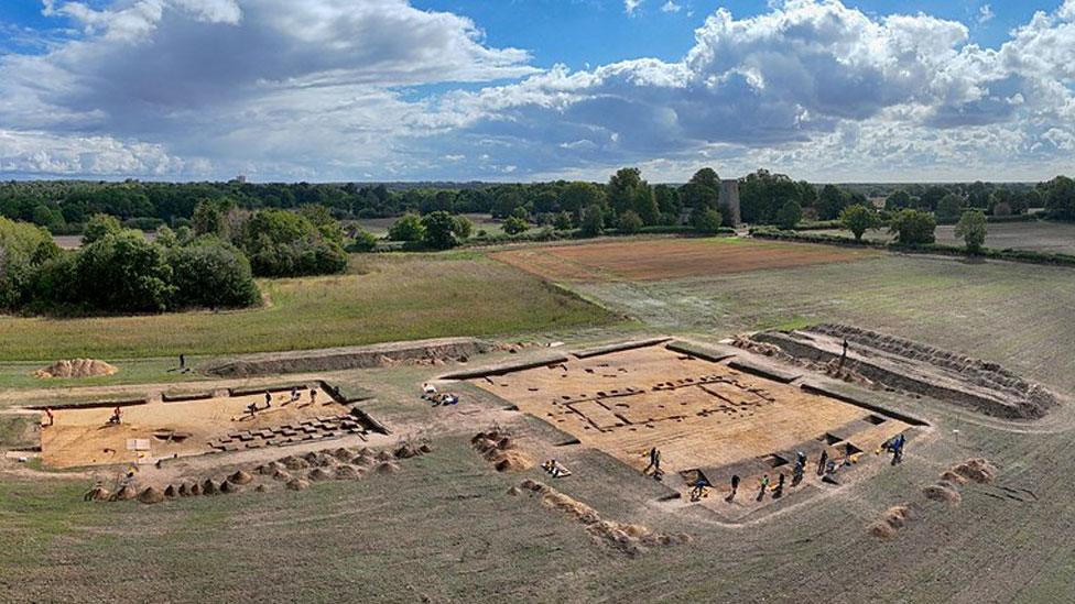 Drone photograph showing excavated hall and boundary ditch