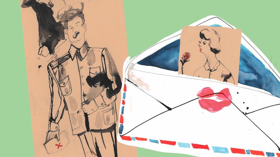 Drawing of Bob and Norma Beasley and a letter sealed with a kiss