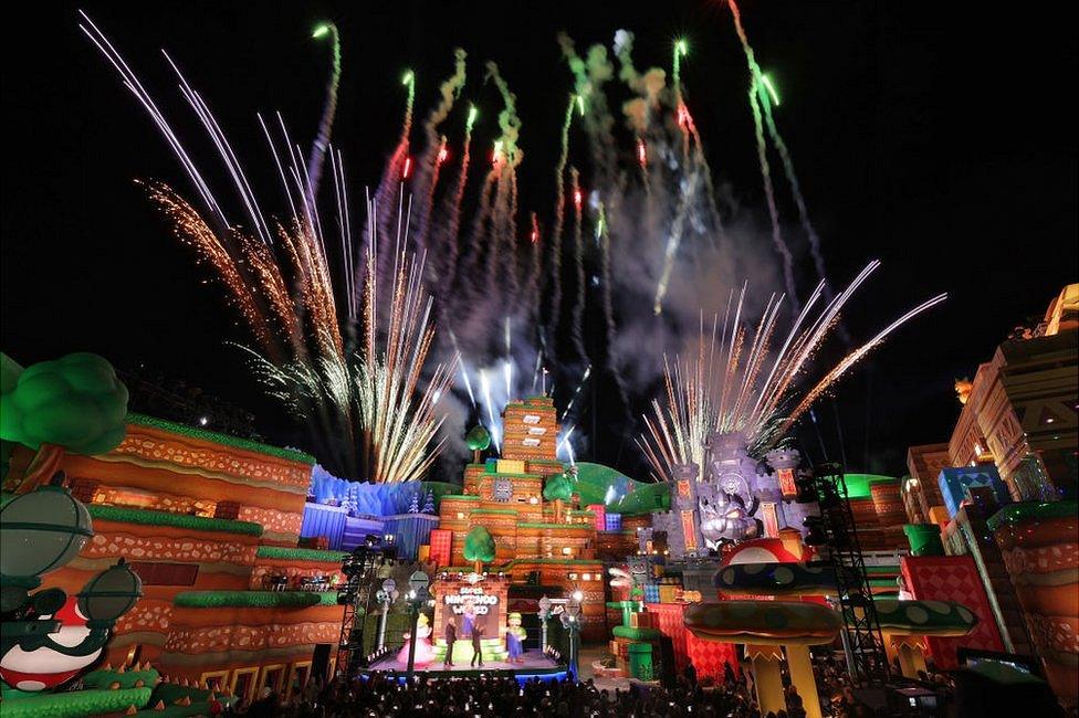 A general view of fireworks at Super Nintendo World's Grand Opening Celebration at Universal Studios Hollywood