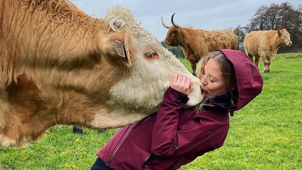 Jess kissing a bull on the farm