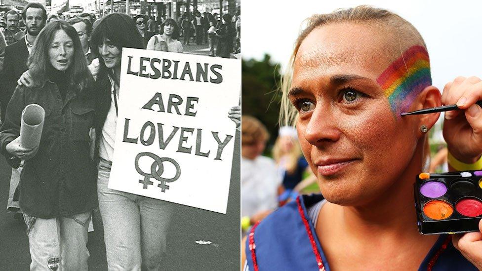 A split image of two women in Sydney's 1978 Mardi Gras holding a sign saying "lesbians are lovely" and a woman from a last year's parade having her face painted with a rainbow flag