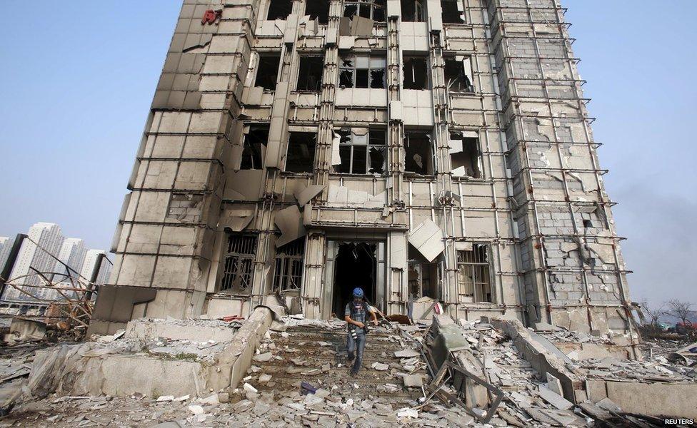 A damaged building in Tianjin, China, on 16 August, 2015