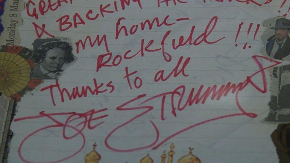 A signed note from Clash front man Joe Strummer to Rockfield Studios