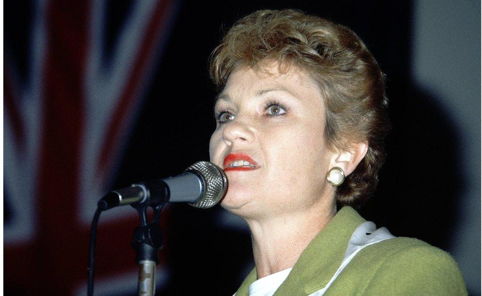 Pauline Hanson, leader of a new political party in Australia called One Nation, speaking to farmers in Pitswerth, Queensland