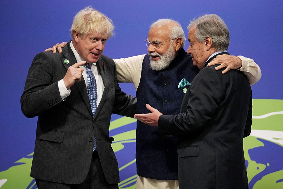 Prime Minister Boris Johnson (left), India's Prime Minister Narendra Modi (centre) and United Nations Secretary General Antonio Guterres at the UN Climate Change Conference (COP26) in Glasgow, Scotland, on 1 November 2021