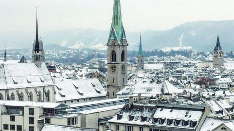 Zurich rooftops in the snow.