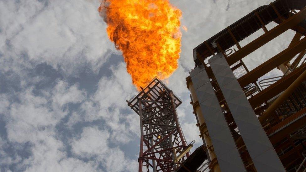 A view of the flare on the Kaombo Norte, a Floating Production Storage and Offloading vessel(FPSO), a project operated by Total, the French multinational oil company, on November 8, 2018, about 250km off the coast of Angola in the Atlantic Ocean