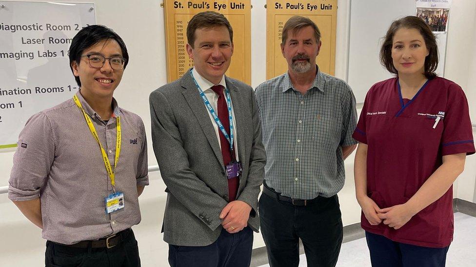 (L-R) Dr Jason Lee, Clinical Research Fellow at LUHFT; Dr Phill Burgess, Honorary Consultant Ophthalmologist at St Paul’s Eye Unit at LUHFT; patient Steve Gotts, and Florina Caban, Research Nurse at LUHFT