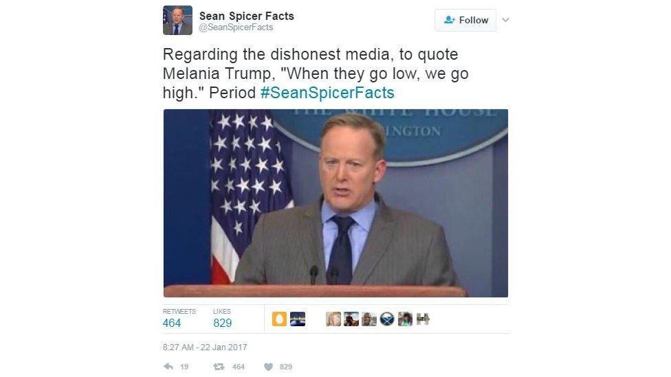 @SeanSpicerFacts: Regarding the dishonest media, to quote Melania Trump, "when the go low, we go high."