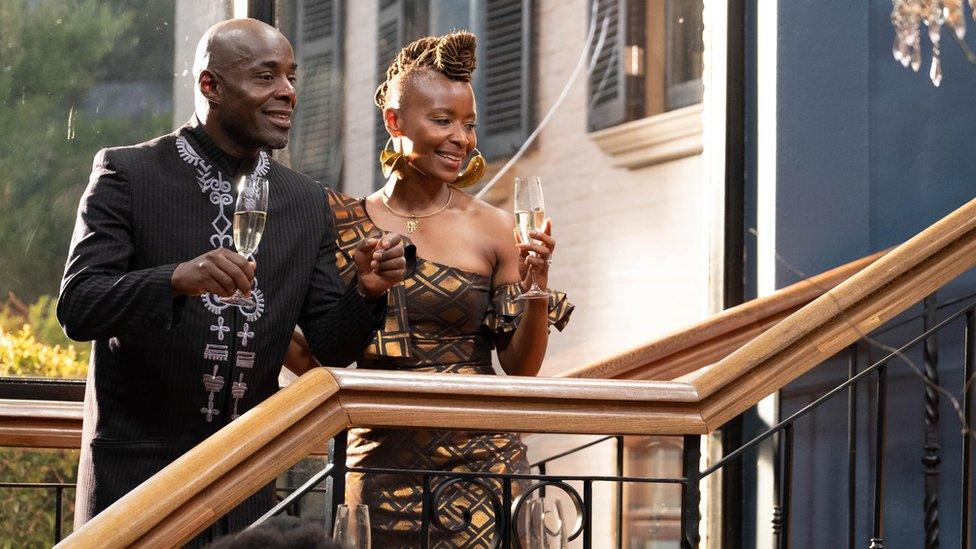 Paterson Joseph as Kamal Hadley and Bonnie Mbuli as Jasmine Hadley in Noughts and Crosses