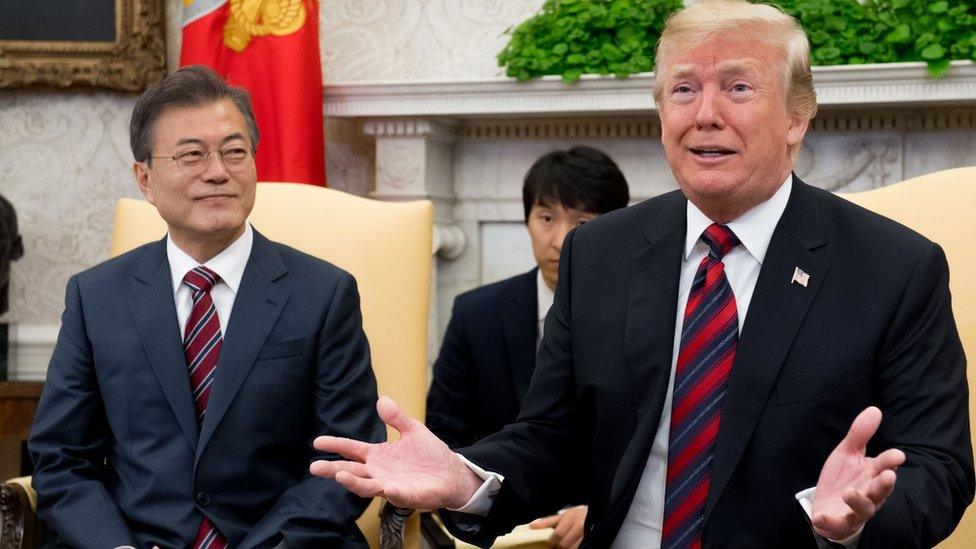 US President Donald Trump and South Korean President Moon Jae-in hold a meeting in the Oval Office of the White House in Washington, DC, May 22, 2018.