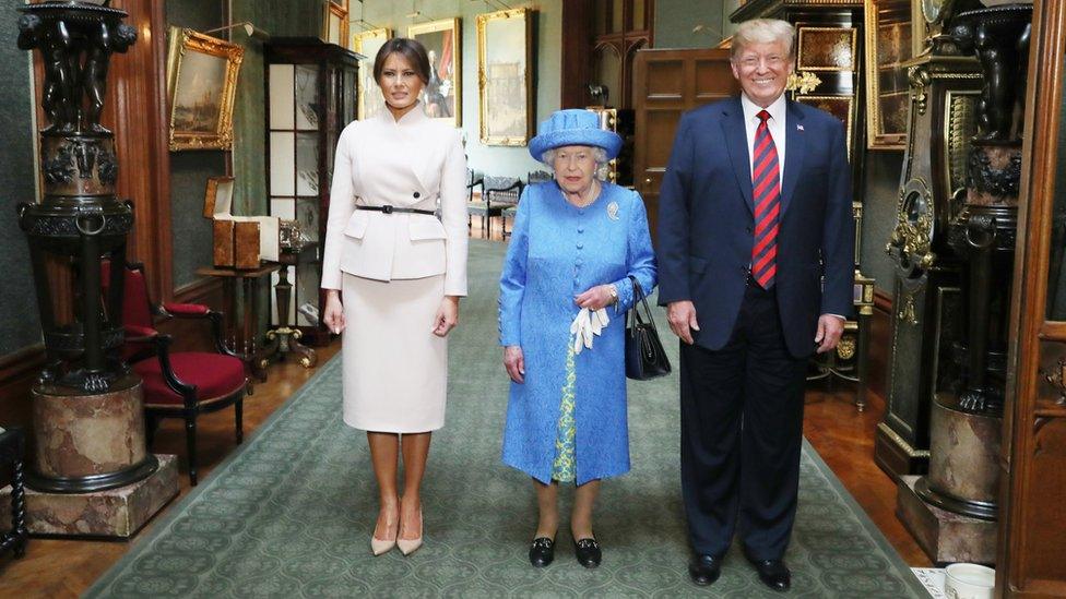 Left to right: Melania Trump. Queen Elizabeth II, Donald Trump