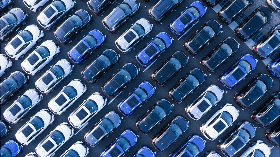 Aerial shots of many cars before sale. - stock photo