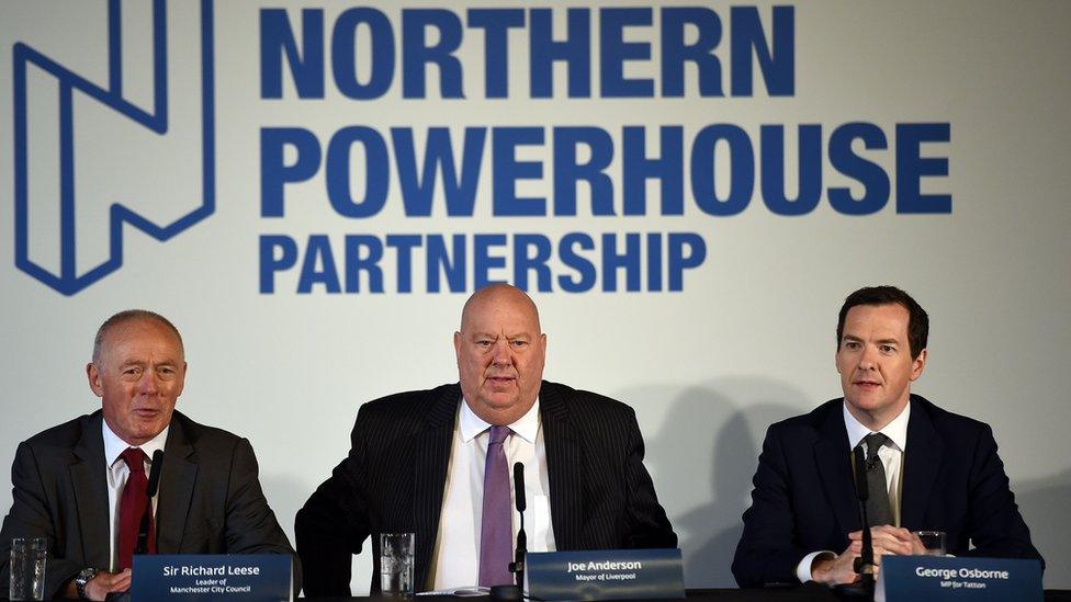 Leader of Manchester City Council Sir Richard Leese, Mayor of Liverpool Joe Anderson and former British finance minister George Osborne