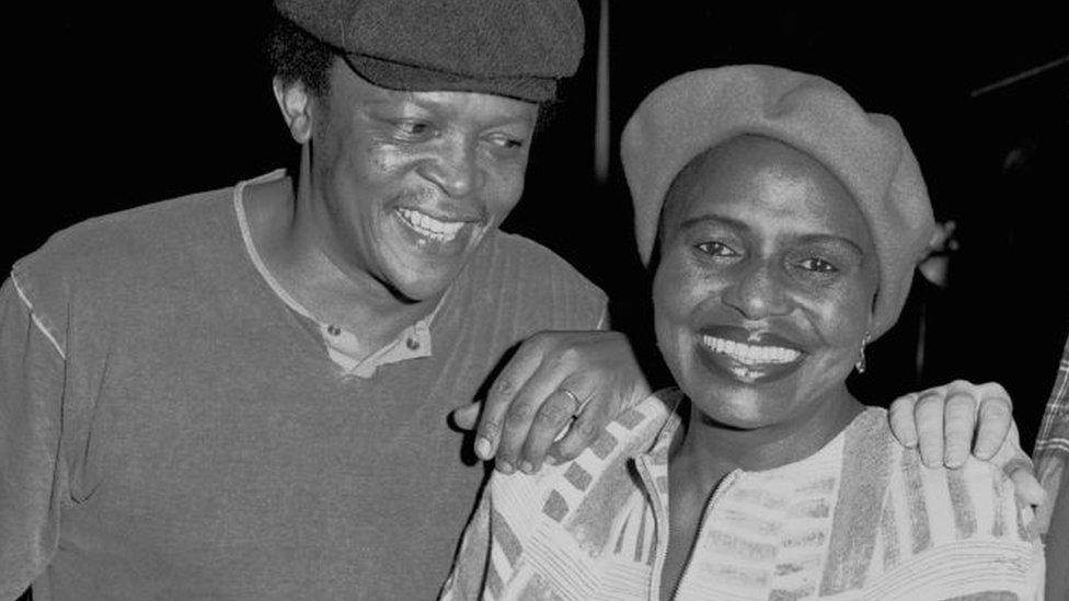 Hugh Masekela and Miriam Makeba in 1987.