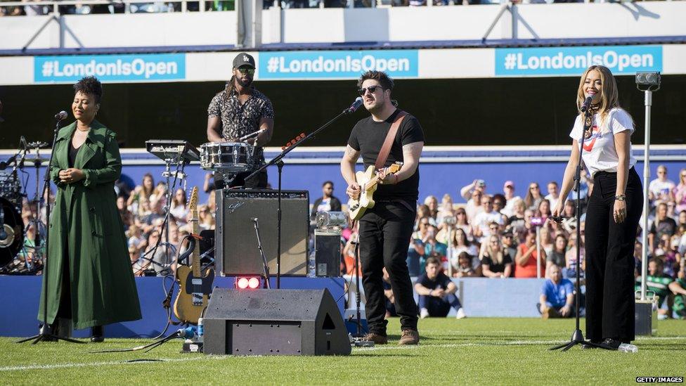 Rita Ora, Emeli Sande and Marcus Mumford performed at half-time