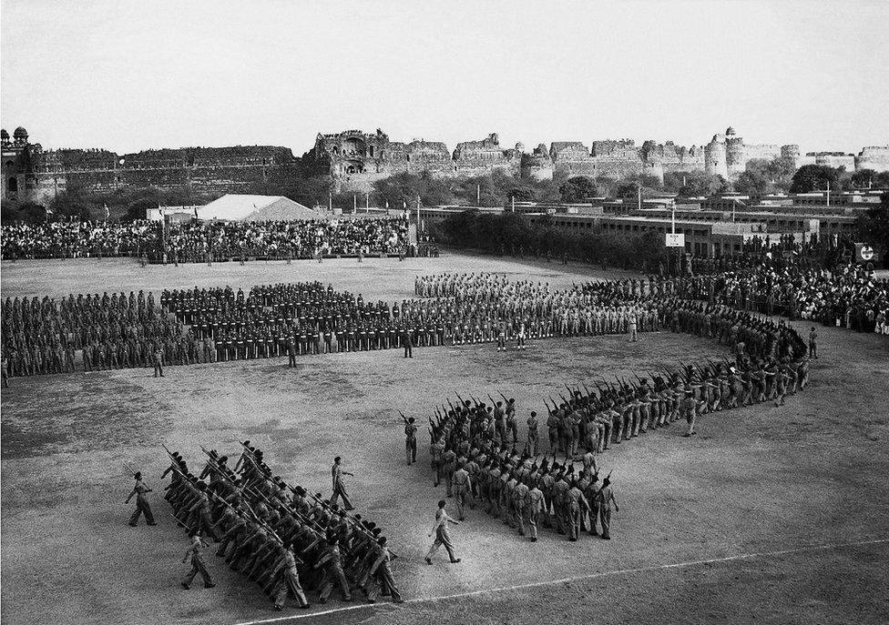 India celebrates its first Republic Day on 26 January 1950 in Delhi in front of Purana Quila.