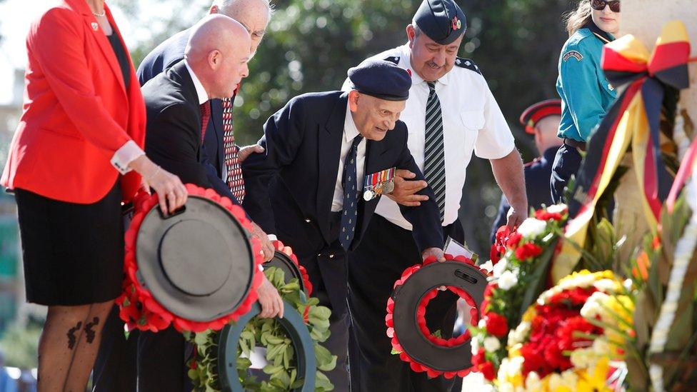 A British military veteran laid a wreath on the war memorial cenotaph during the Remembrance Sunday ceremony in Floriana, Malta