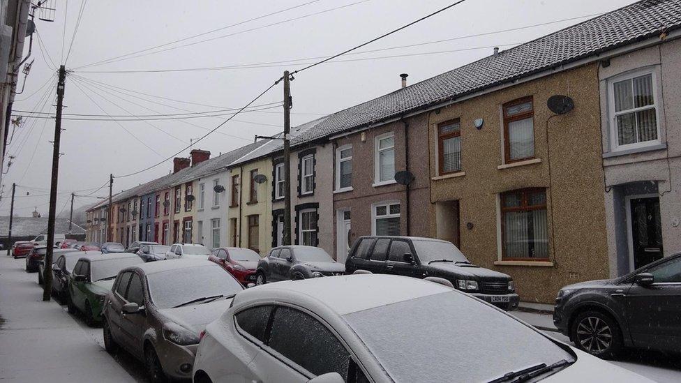 Snow covered cars in Tonypandy, Rhondda Cynon Taf