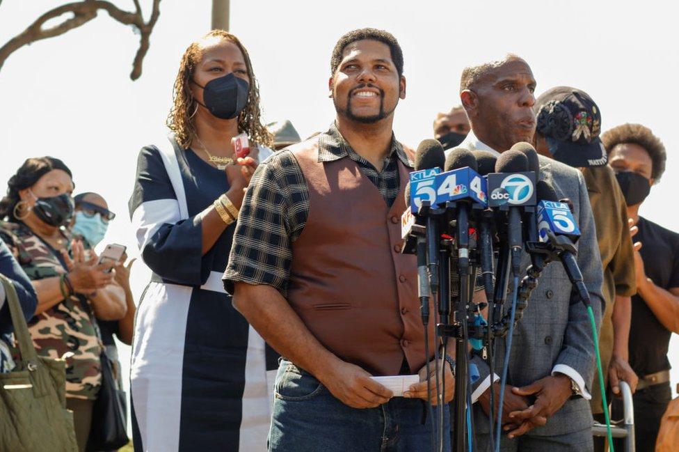 Anthony Bruce, the great-great grandson of Charles and Willa Bruce, speaks at a press conference