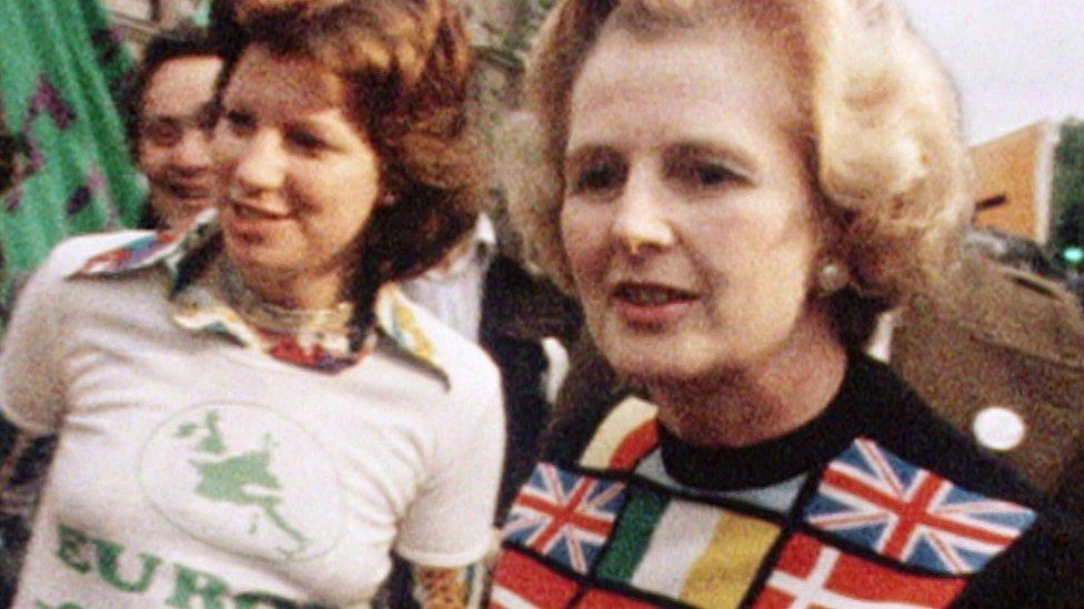 Margaret Thatcher in 1975 wearing a Europe jumper