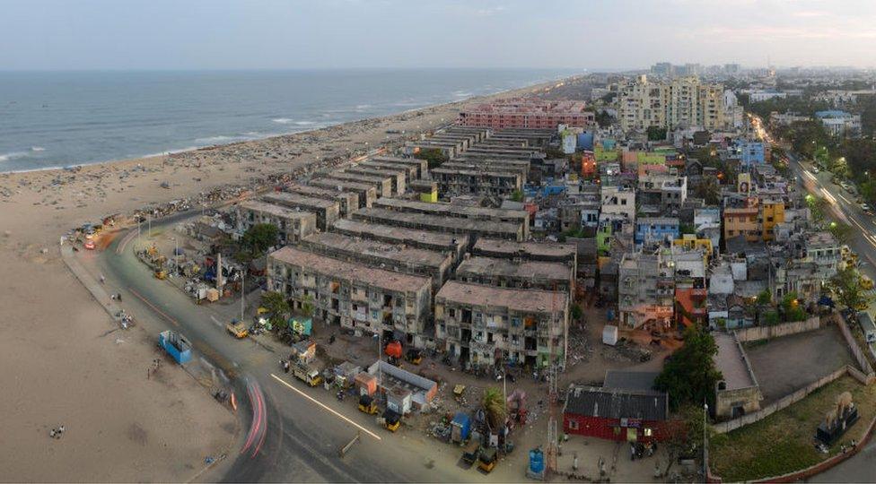 An aerial view of the beach in Chennai, Tamil Nadu.