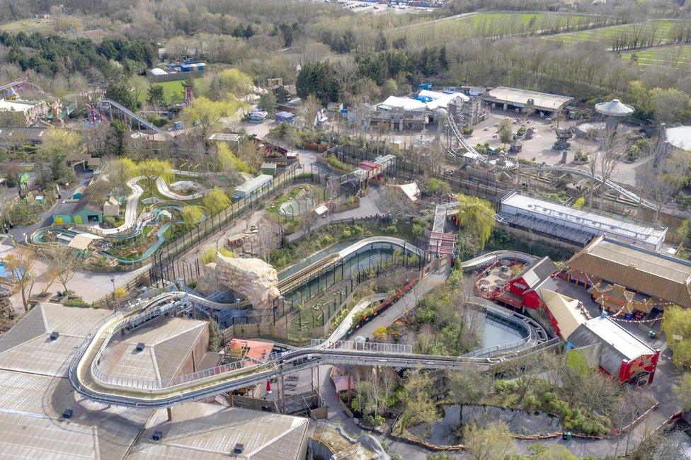 An aerial view of Chessington World of Adventures theme park, showing no customers