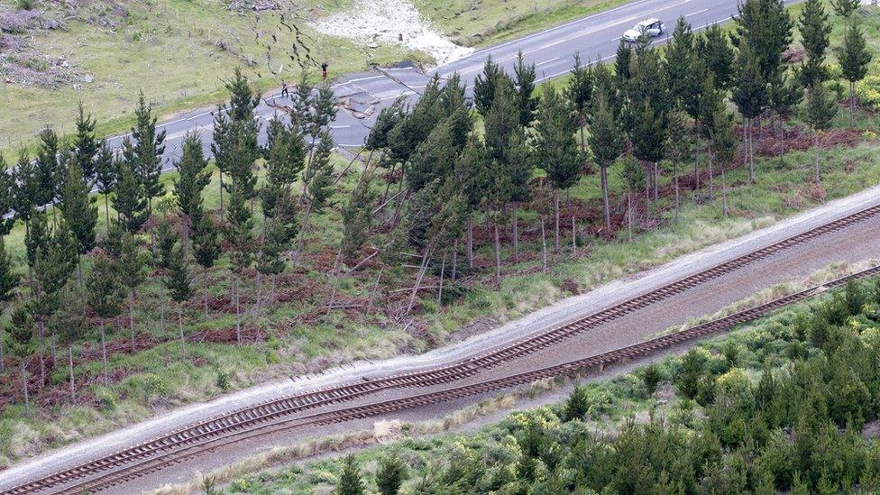 This aerial photo shows earthquake damage to State Highway One and the parallel railway tracks near Ohau Point on the South Island's east coast, New Zealand (14 November 2016)