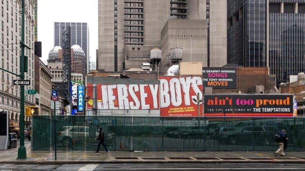 Broadway signs are seen during the opening of the Broadway vaccination site amid the coronavirus pandemic in New York City