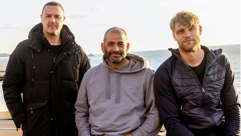 Freddie Flintoff, Paddy McGuinness, and Chris Harris filming Top Gear