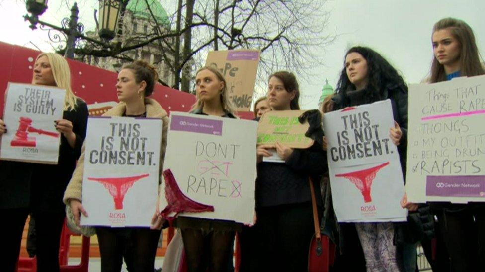 Protesters in Belfast protesting against clothing being used as part of rape trials