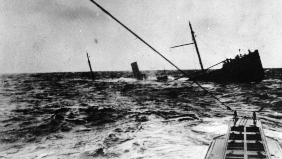 A U-boat surfaces after sinking a British steamer in 1916