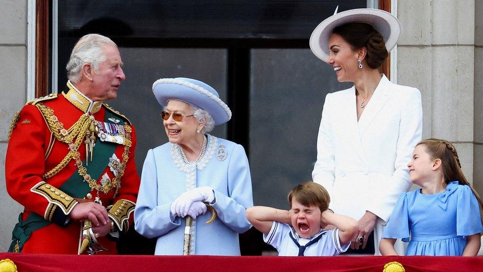 The Prince of Wales, the Queen, Prince Louis, the Duchess of Cambridge an Princess Charlotte