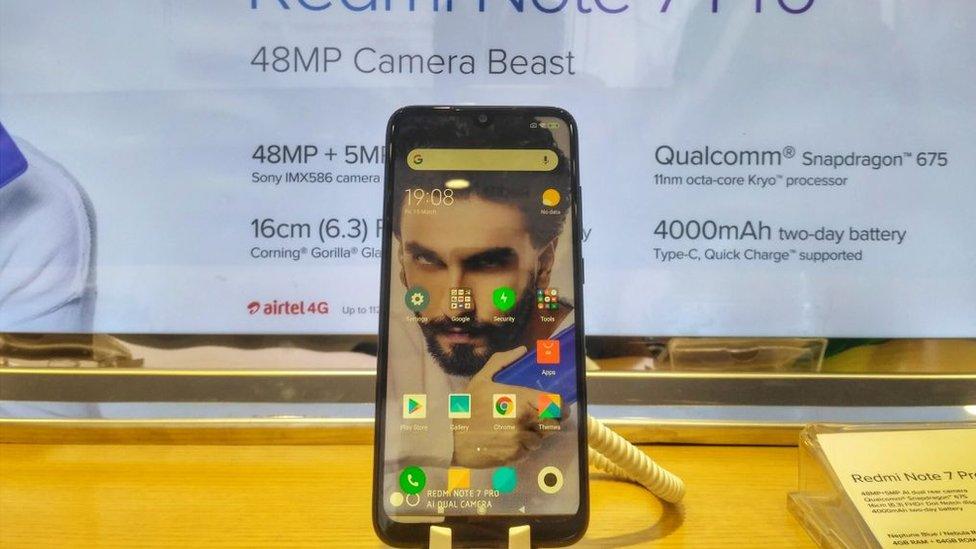 Newly launched Redmi Note 7 Pro is seen at a Showroom in New Delhi, India, on March 15, 2019.