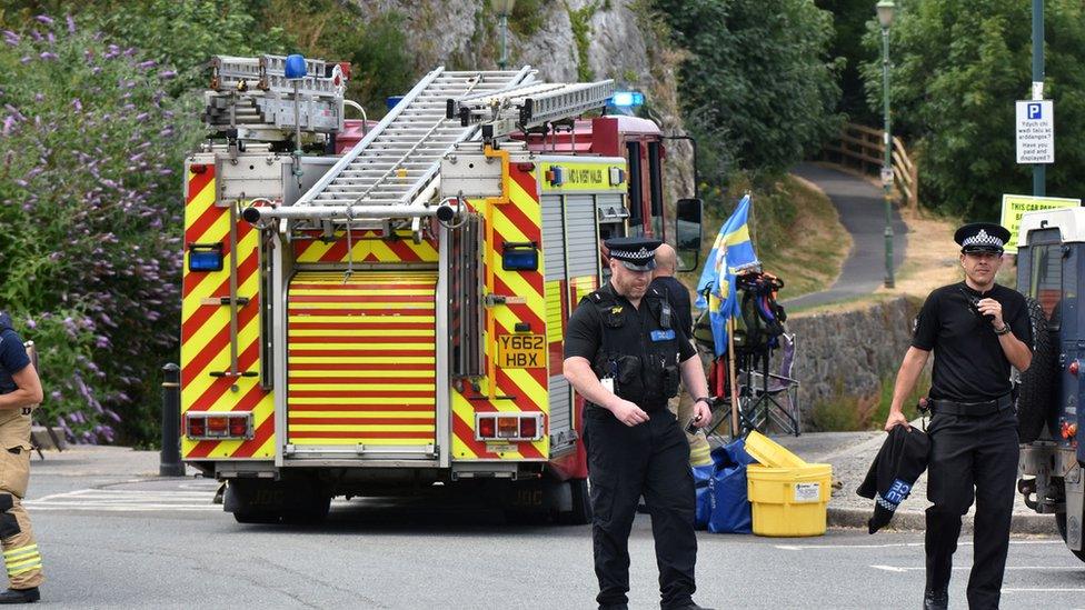 Police and firefighters outside Pembroke Castle