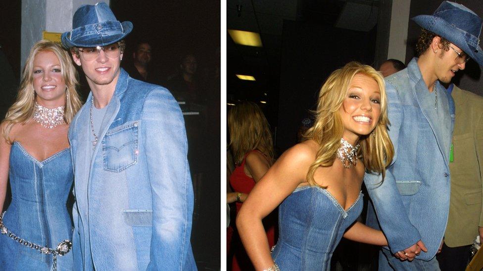 Britney Spears and Justin Timberlake at the 2001 American Music Awards in matching denim outfits.