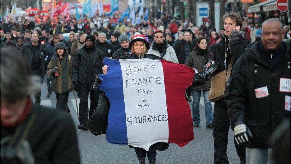 Demonstration in Paris during strike (29 January 2009) - sign reads "sweet France, land of my pains"