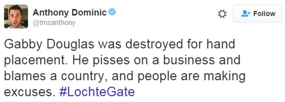 "Gabby Douglas was destroyed for hand placement. He pisses on a business and blames a country, and people are making excuses. #LochteGate"