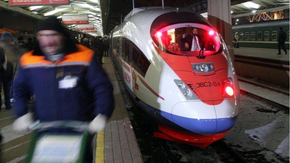 A Sapsan train at Moscow's Leningrad Station