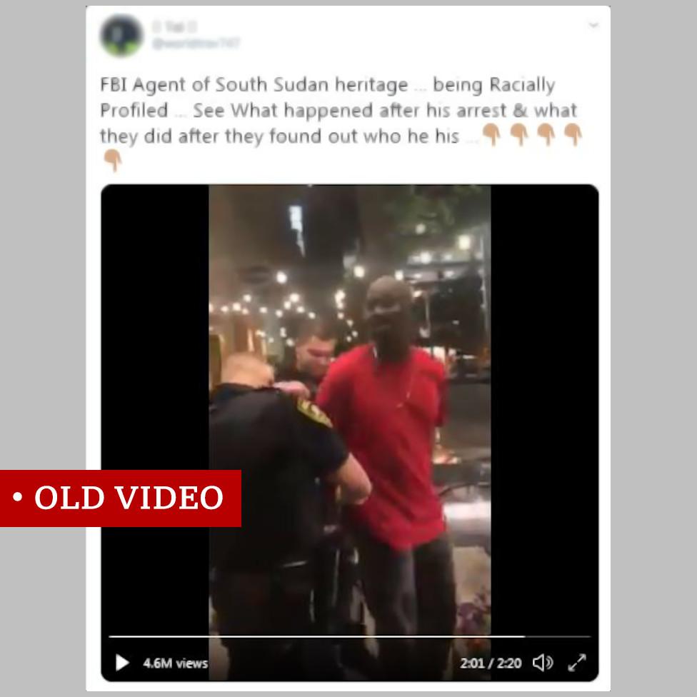 Screenshot of video showing two white policemen arresting a black man. The Twitter post above it says: "FBI Agent of South Sudan heritage ... being Racially Profiled ... See What happened after his arrest & what they did after they found out who he his ..."