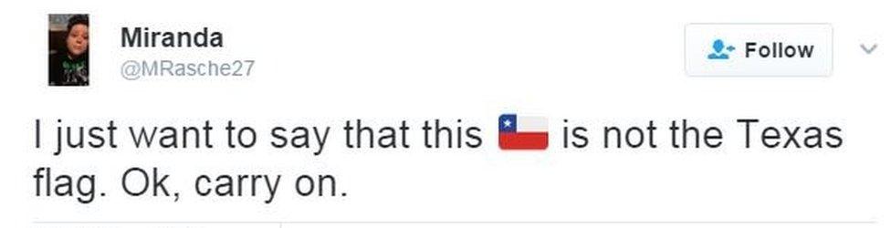 Tweet saying, "I just want to say this is not the Texas flag. Ok, carry on."