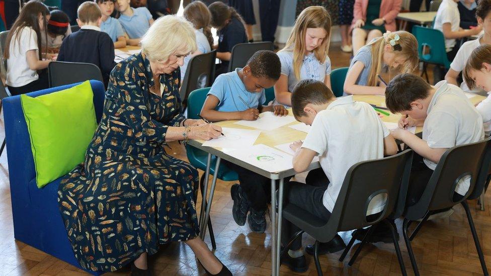 Camilla with school children at Shirehampton primary school